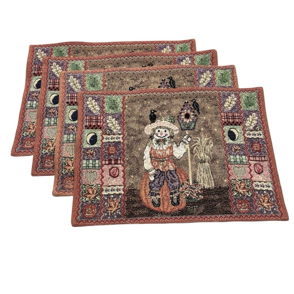 Lot 4 Vintage Tapestry Placemats Fall Scarecrow Pumpkin Patch Halloween Decor
